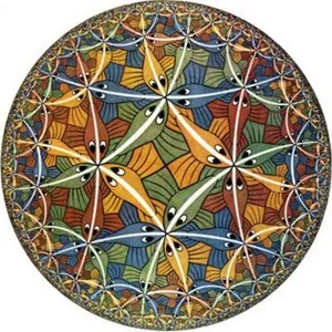 M.C. Escher's Circle Limit III: interlocking fish tiles receding toward the boundary of a disk